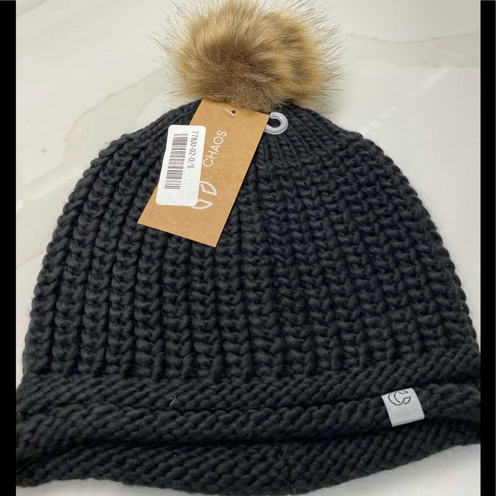 CHAOS BLACK FAUX FUR POM HAT NEW